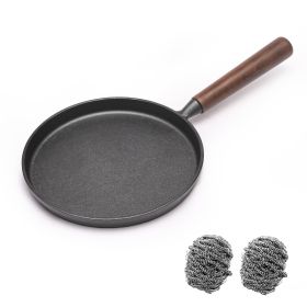 WANGYUANJI Cast Iron Pizza Pan, 10.2" Uncoated Pancake Skillet for Indoor and Outdoor, Non-Stick Skillet with Wooden Handle, Handmade Pancakes, Pizza,