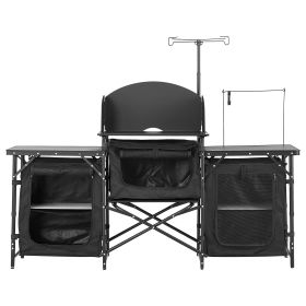 VEVOR Camping Kitchen Table, Outdoor Camp Cooking Table, Aluminum Portable Cook Station with 3 Storage Cupboard, Carrying Bag, Detachable Windscreen