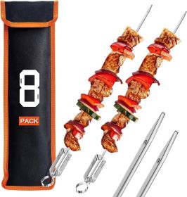 Metal BBQ Skewers for Grilling-16.83" Long Flat Kebab Sticks with Push Bar, Stainless Steel 304 Shish Kabob Skewers for Camping, Set of 8 with Bag