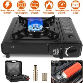 3300W Portable Camping Stove Butane Canister Dual Fuel Burner Piezo Electric Ignition Single Burner With Automatic Tank Ejection Overpressure Cut Off