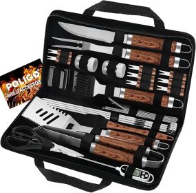 POLIGO 29 PCS BBQ Grill Accessories Stainless Steel BBQ Tools Grilling Tools Set With Storage Bag For Fathers Day Dads Birthday Presents - Campin (Color: Brown)